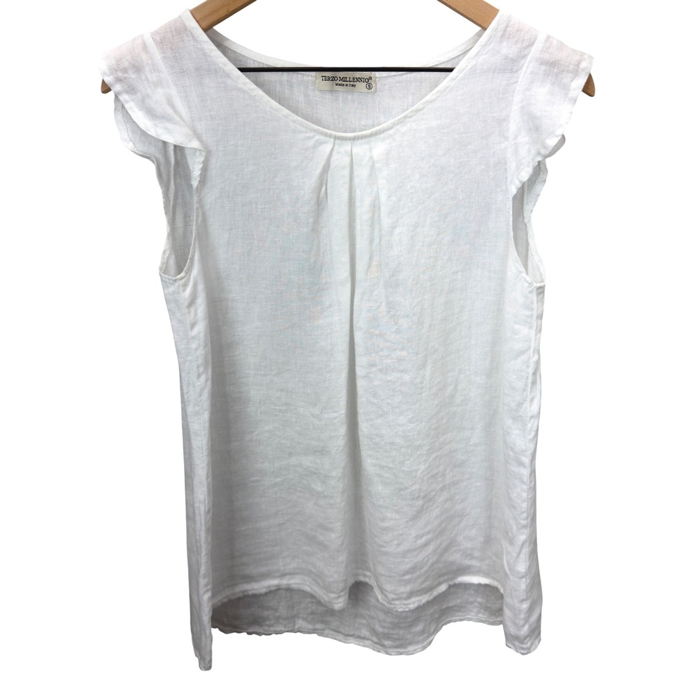 Terzo Millennio Womens Size S Ruffle Sleeve Linen Top White Made in Italy